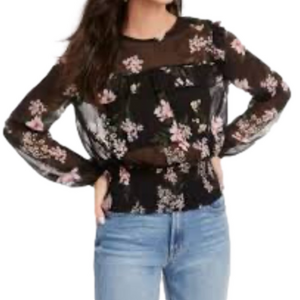 LOVE FIRE black floral chiffon sheer ruffled top women’s size extra small NWT